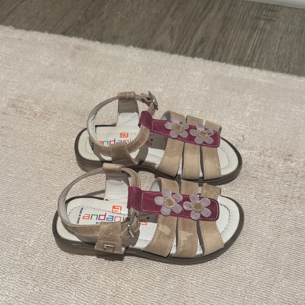 Kids Beige Sandals with Pink Flower Accent